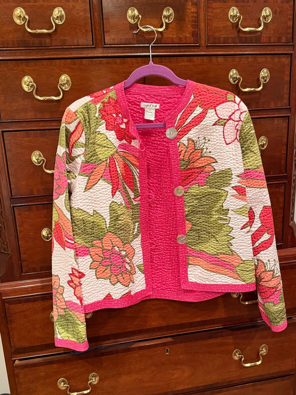 Patty Kim Pink Floral Quilted Jacket Sweater Large